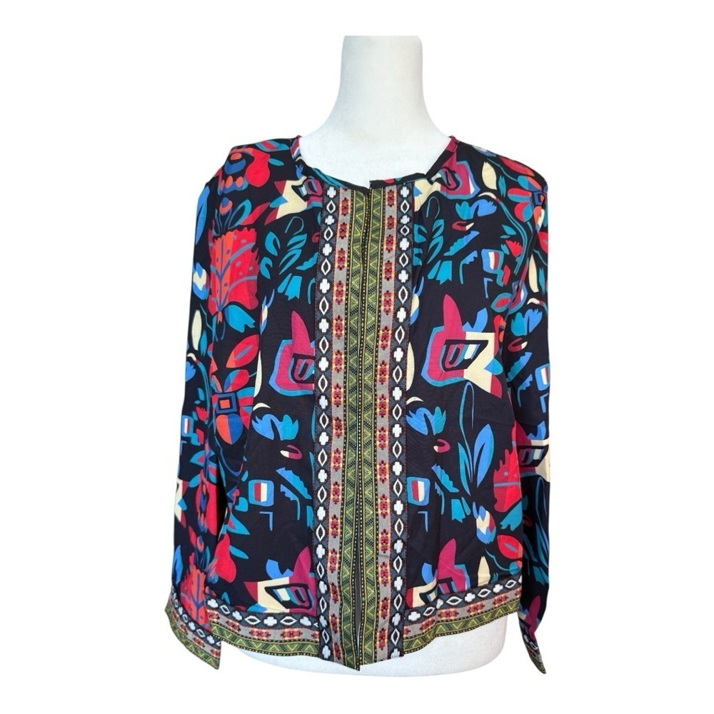 NWOT Boho Artsy Abstract Floral Ribbon Trim Open Front Cropped Jacket